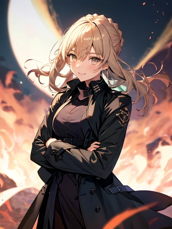 Black Trench Coat, アルトリア・ペンドラゴン_FATE, カーボーイショット, (masterpiece), highest quality, Fearless smile, 1girl, uhd, retina, masterpiece, ccurate, anatomically correct, textured skin, super detail, high details, high quality, best quality, highres, 4K