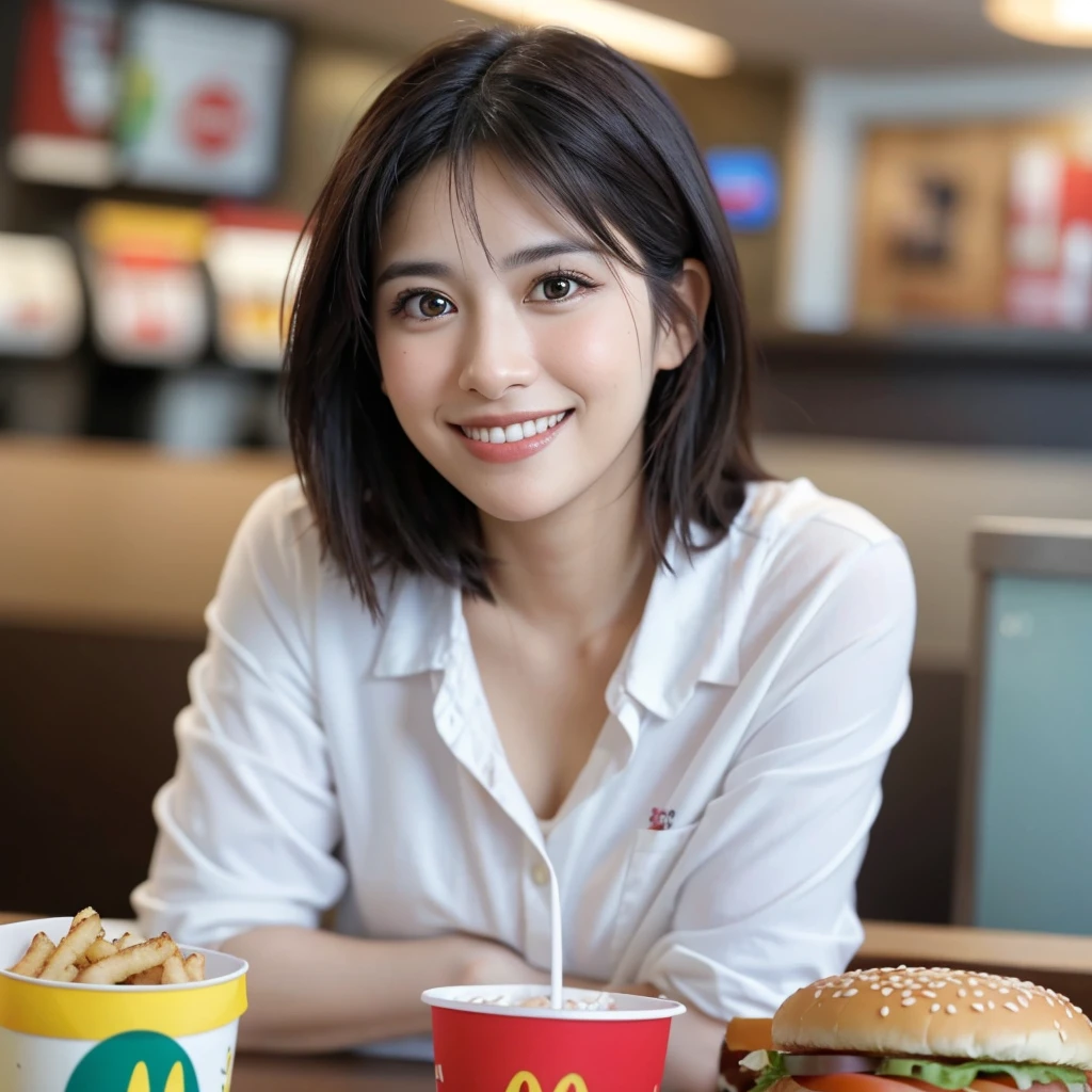 ultra realistic photograph of a not very pretty 29 year old girl looking to her left side very subtly, sentada em uma mesa do McDonald's, com leve sorriso no rosto, background with medium blur, e sem palavras na imagem.