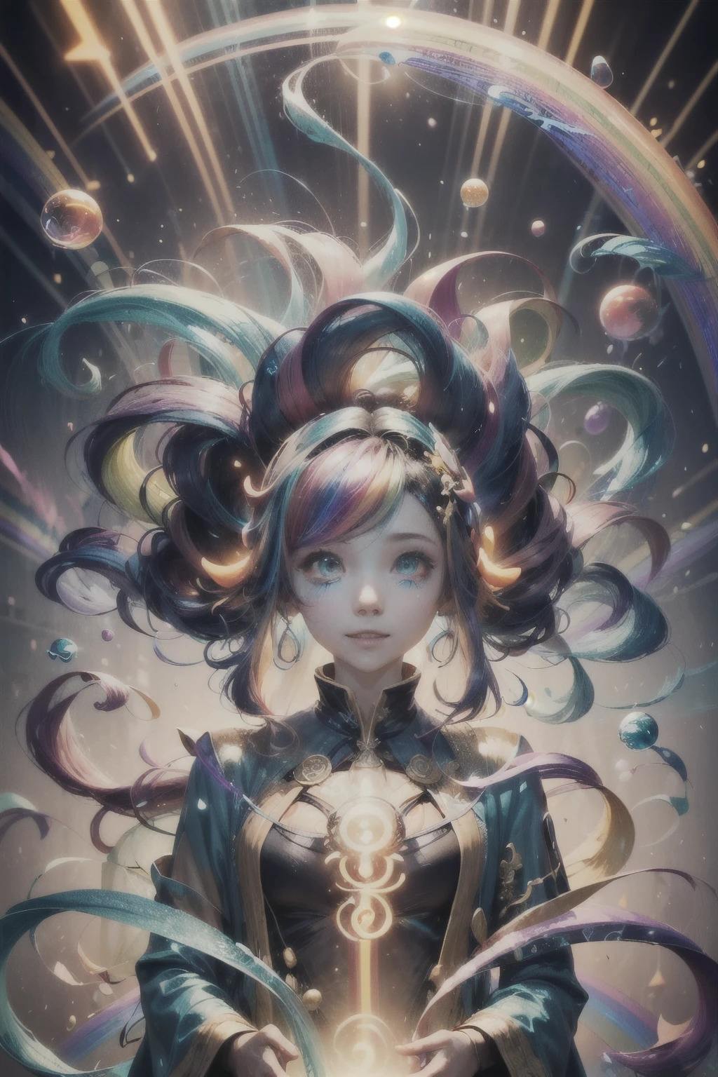 (masterpiece, Highest品質, Highest, Official Art, beautifully、aesthetic, exposed for a long time:1.2), (Rainbow colored flowing hair:1.5),{{A charming woman in her 30s}},Light trail, Fluid movement, Fascinating patterns, Creative Experiments, Visual clutter, Turquoise Eyes, (Style - Swirl Magic:0.8), alone, Half Shot, look up, Detailed Background, Detailed face, (Neonpunkai, Neon Theme:1.1), Bubble Mage, smile, walking, Colorful Wizard Robes, Surrounded by magical colorful bubbles, Floating sphere, reflection, Glowing bubbles, Swirling Bubbles, Mysterious, Mysterious Aura, Background bubbles, haze, Ethereal atmosphere,