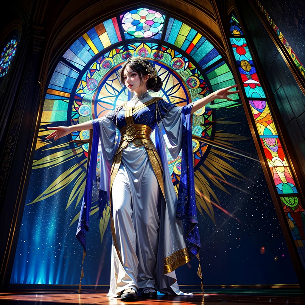(Masterpiece, TopQuality,Official art, Beautiful and aesthetic:1.2), ExtremelyDetailed a Goddess BREAK Stunning Elaborate Stained Glass Art, Colored Glass, Lead Line, Light transmission Break Bright colors, intricate designs, luminous effect, Spiritual atmosphere