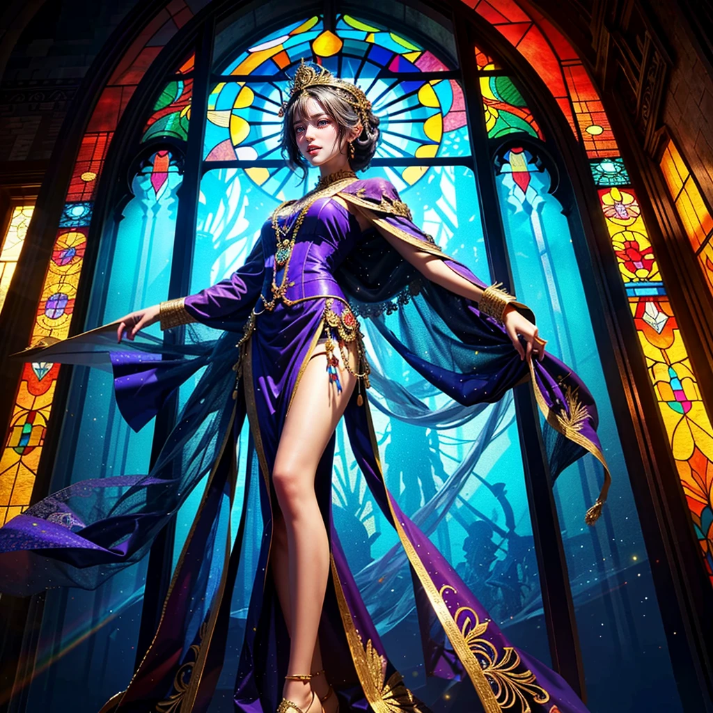 (Masterpiece, TopQuality,Official art, Beautiful and aesthetic:1.2), ExtremelyDetailed a Goddess BREAK Stunning Elaborate Stained Glass Art, Colored Glass, Lead Line, Light transmission Break Bright colors, intricate designs, luminous effect, Spiritual atmosphere