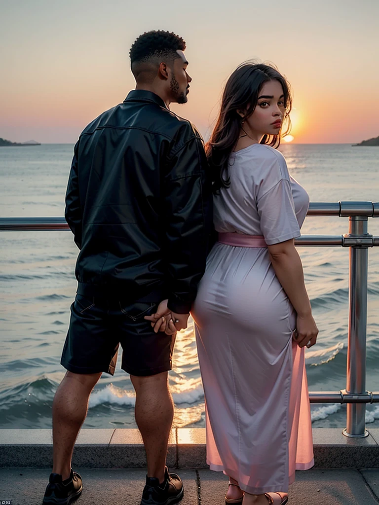 

Create an image depicting a black, plus-sized woman alongside a young man in a wheelchair. They are standing with their backs to the camera, looking at the sunset on the horizon. The scene takes place at the edge of a building, with a safety railing along the edge. The woman is slightly leaning towards the young man, perhaps with a hand on the back of his wheelchair, conveying a sense of care and companionship. The sunset paints the sky with shades of orange, pink, and purple, creating a serene and inspiring atmosphere.

