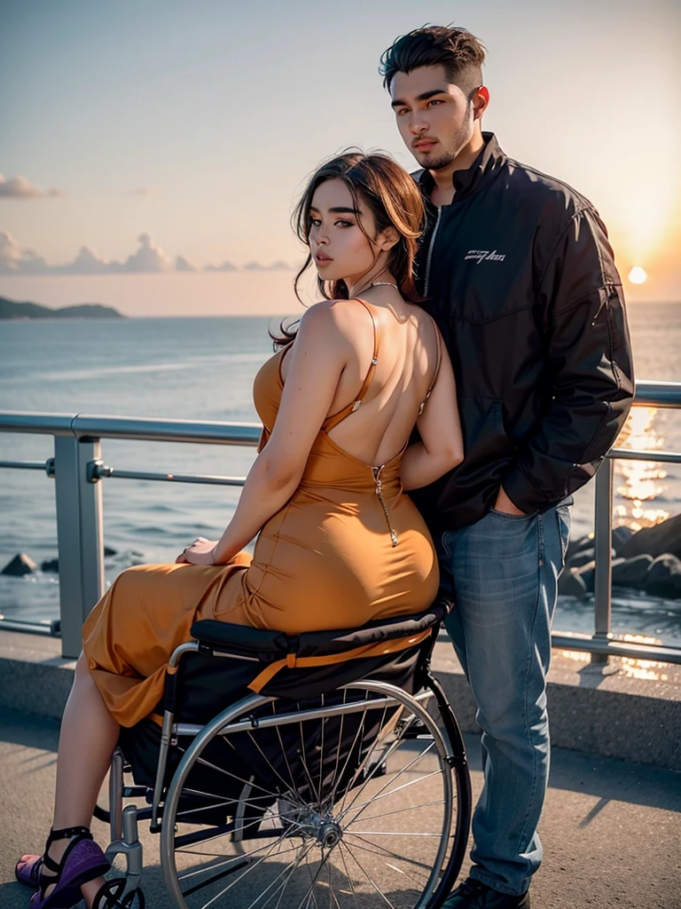 

Create an image depicting a black, plus-sized woman alongside a young man in a wheelchair. They are standing with their backs to the camera, looking at the sunset on the horizon. The scene takes place at the edge of a building, with a safety railing along the edge. The woman is slightly leaning towards the young man, perhaps with a hand on the back of his wheelchair, conveying a sense of care and companionship. The sunset paints the sky with shades of orange, pink, and purple, creating a serene and inspiring atmosphere.

