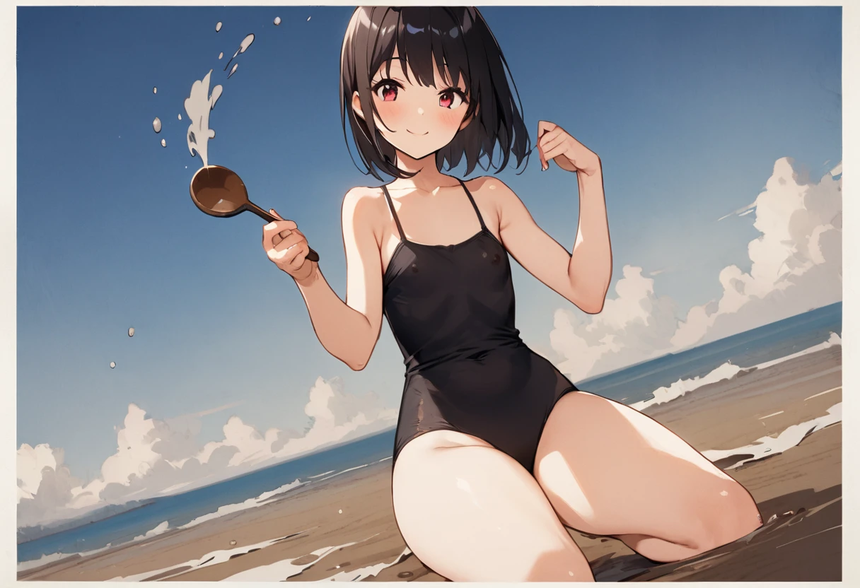 One person、Nipples、tideland、blue sky、Black T-shirt、Black Swimsuit、Short black hair、Thighs、Girl、Girl、Short、Younger、Lower school year、Baby Face、Both eyes open、flat chest、refreshing、Innocence、smile、Dynamic Angle、Beach、My feet are covered in mud、There&#39;s a little bit of mud on my face、sunlight、masterpiece、best quality、ultra-detail、Seaside、Sandy Beach、Sweat、event
