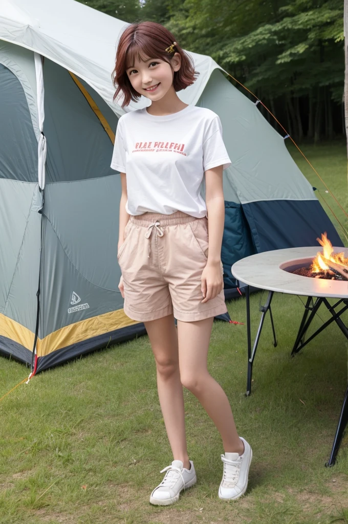 Camping tent, junior high school third grade, ((full body)), ((photo)), ((best qualtiy, 8K, tmasterpiece:1.3)), Focus:1.2, perfect figure beautiful child:1.4, 1, cowboy shot, look at viewer, eyes facing the camera, incredibly absurd, beautiful and cute  with a photorealistic face, showcasing top-quality craftsmanship, A Japanese girl gazing at the campfire at a campsite, 15 years old, short hair, wavy and shiny, crimson hair, big eyes, long eyelashes, smiling face, white teeth, round face, small nose, smooth skin, fair skin, red lips, pink cheeks, lively expression, , delicate, well-balanced proportions, slim, 155cm tall, thin limbs, small A-cup breasts, khaki T-shirt, camouflage shorts, sneakers, beautiful girl, younger sister attributes, active, sociable, cheerful, optimistic, brave, curious, August