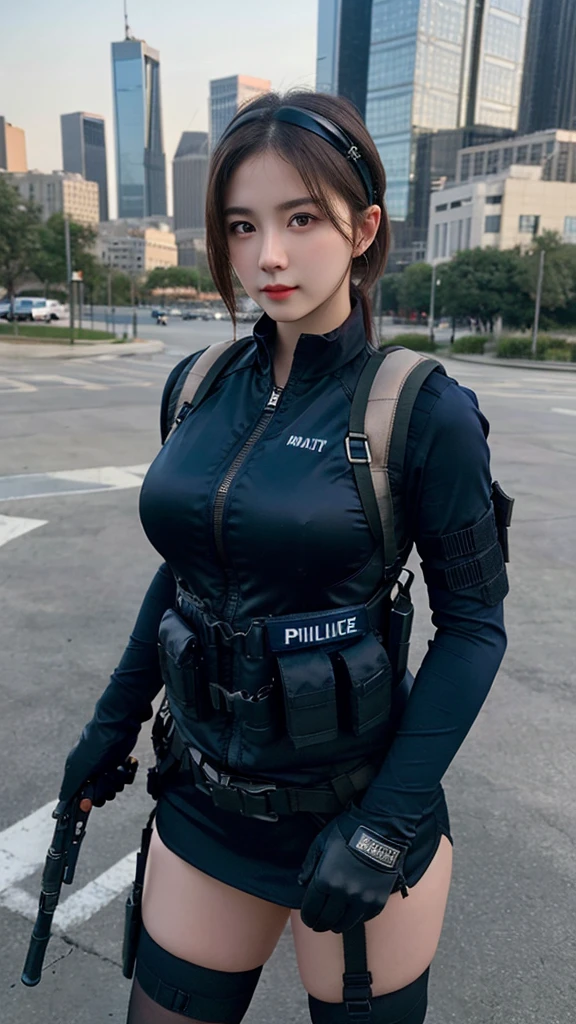 ((best quality)), photorealistic, photorealism, Photorealistic, high resolution, 1girl aiming with an assault rifle, Beautiful, Baby Face, 20 Years Old, White Skin, pale skin, Large Breasts, huge breast, Combat pose, looking at the camera, (Detailed face), short hair, sexy body, (wearing chinese traditional satin dress, like police, tactical vests, military harness, black gloves, high-tech headset), cloths color based on black dark blue), revealed thigh, Gun, Fingers are occluded, concrete city background,