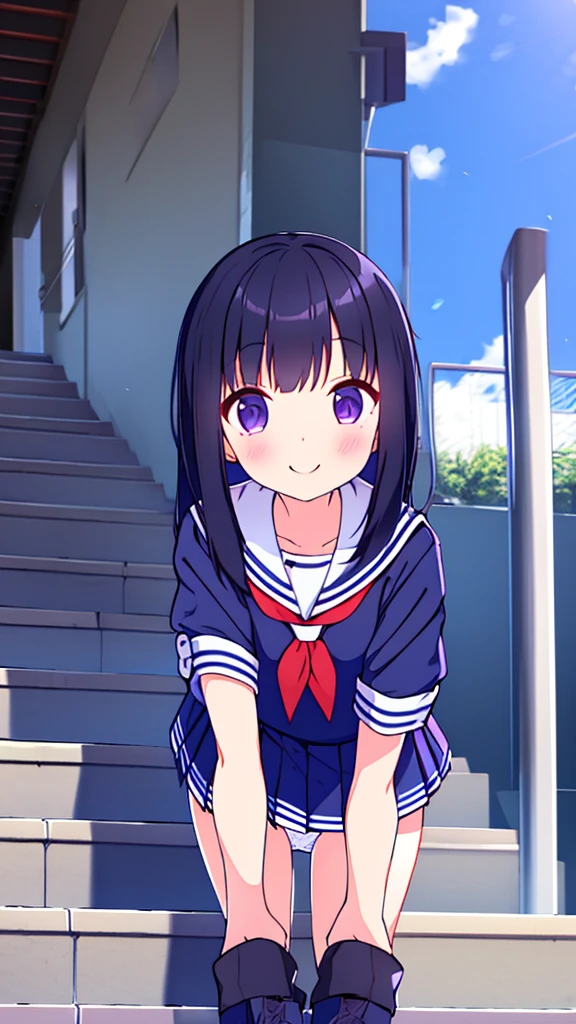 school stairs primary school girl, 8 years flat chest, long black hair with purple tone, purple eyes SMILE White upper body, Navy short-sleeved sailor uniform. Navy blue miniskirt and white panties. ((I can see her panties)) white socks sport boots school stairs Standing Dynamic angle Low angle