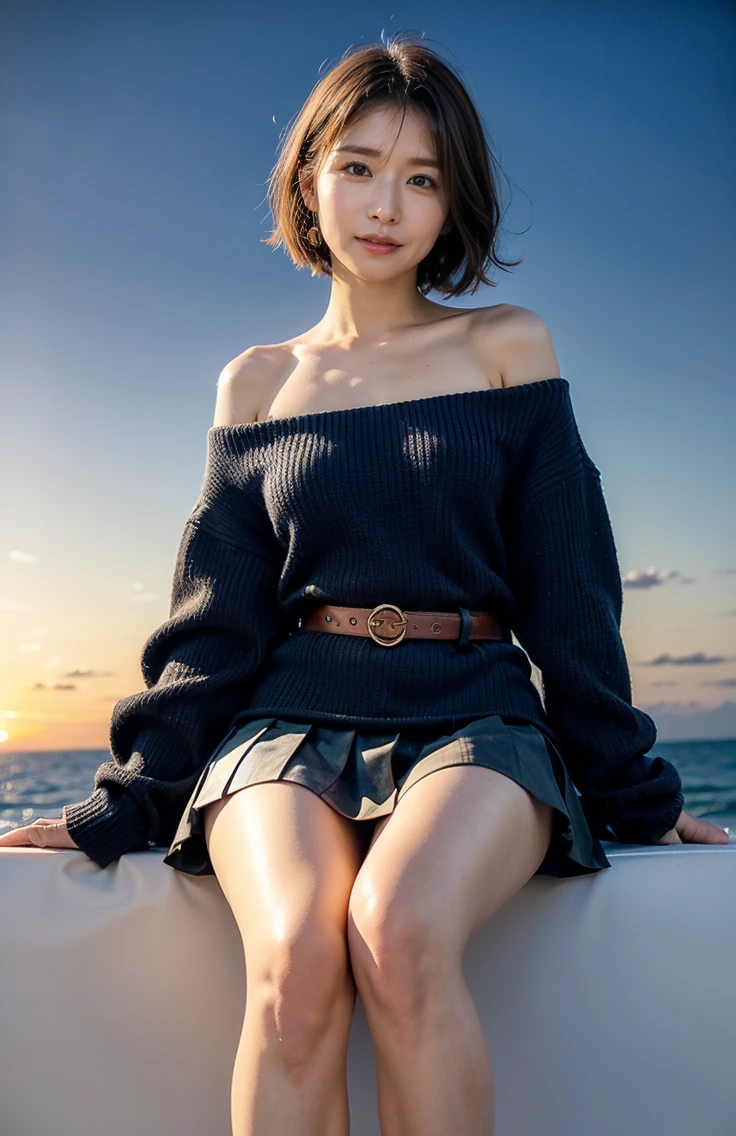 Cheek resting on hand、Medium Short Hair、No sleeve、Woman standing on a boat、Light brown hair、Elegant hairstyle、Blue Eyed Woman、A woman with a cute upward gaze、When the sky gets dark、The gentle light of the ship shines、The sky turns red as the sun sets、Tight clothing that shows your body lines、、Elegant navy blue summer knit、Elegant black summer sweater、belt、Short skirt、Dress elegantly着こなす、Luxury Bagedium Shorthair:1.4))、Skyscrapers seen across the sea、Manhattan 私sland is visible offshore、Woman on a sightseeing boat、、The sun shines on her、Light brown hair、Light brown hair、The sky was dyed red、There are clouds、private's cute、An elegantly dressed woman is sitting on a boat and watching the sunset、彼女のAmple breastsは服の上からでも明らかです.、輝く太陽はとてもbeautiful、Dusk is approaching、Lens flare、I can see the sunset、((Sunlight reflecting off the ocean、Ocean View、The sun shines on the sea、'beautiful.、Small earrings、private'evening、Birds are also flying、、Brown Hair Color、Tying up hair、The woman is on the right:1.4))、高級レザーbelt、Shiny clothes、Light beige hair color、Background Blur、Braid only the front hair、Light brown hair、{{Cowgirl Shot}}、((Close-up shot from the waist up、Ample breasts:1.4))、にっこりsmile、Silk clothing、服からでも分かるAmple breasts、Braid only the front hair、Cowboy Shot、Gorgeous white collared silk shirt and brown skirt、Dress elegantly、Luxury Bags、素敵なsmile、((Ample breasts))、Full body photo、ring、Short skirt、Tuck your hair behind one ear、Silver Necklace、smile、 Elegant ponytail、Caustics、Highly detailed photos、Very beautiful and ideal short hair、Super no makeup、(8K、RAW Photos、Highest quality、masterpiece:1.2)、(Realistic、Realistic)、1 Girl、((Medium Short Hair、Looking into the camera:1.4))、Hair blowing in the wind