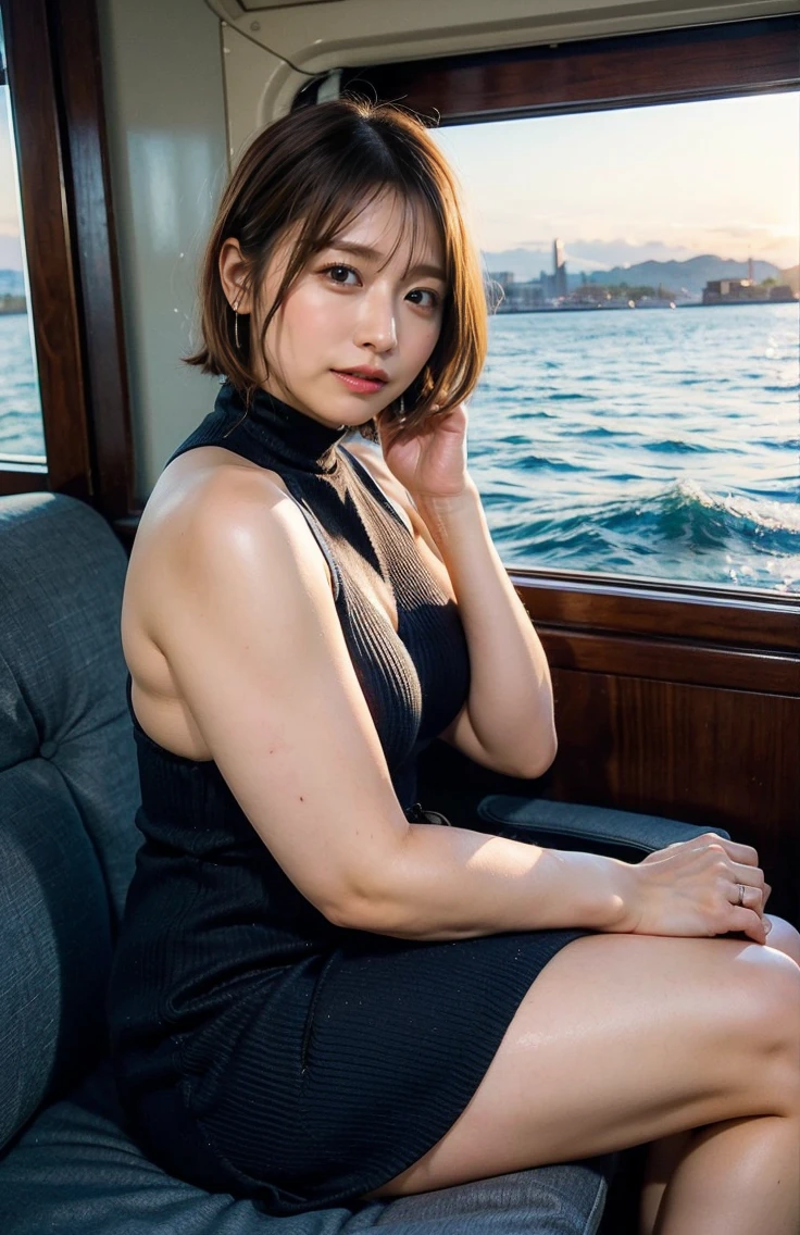 Cheek resting on hand、Medium Short Hair、No sleeve、Woman standing on a boat、Light brown hair、Elegant hairstyle、Blue Eyed Woman、A woman with a cute upward gaze、When the sky gets dark、The gentle light of the ship shines、The sky turns red as the sun sets、Tight clothing that shows your body lines、、Elegant navy blue summer knit、Elegant black summer sweater、belt、Short skirt、Dress elegantly着こなす、Luxury Bagedium Shorthair:1.4))、Skyscrapers seen across the sea、Manhattan 私sland is visible offshore、Woman on a sightseeing boat、、The sun shines on her、Light brown hair、Light brown hair、The sky was dyed red、There are clouds、private's cute、An elegantly dressed woman is sitting on a boat and watching the sunset、彼女のAmple breastsは服の上からでも明らかです.、輝く太陽はとてもbeautiful、Dusk is approaching、Lens flare、I can see the sunset、((Sunlight reflecting off the ocean、Ocean View、The sun shines on the sea、'beautiful.、Small earrings、private'evening、Birds are also flying、、Brown Hair Color、Tying up hair、The woman is on the right:1.4))、高級レザーbelt、Shiny clothes、Light beige hair color、Background Blur、Braid only the front hair、Light brown hair、{{Cowgirl Shot}}、((Close-up shot from the waist up、Ample breasts:1.4))、にっこりsmile、Silk clothing、服からでも分かるAmple breasts、Braid only the front hair、Cowboy Shot、Gorgeous white collared silk shirt and brown skirt、Dress elegantly、Luxury Bags、素敵なsmile、((Ample breasts))、Full body photo、ring、Short skirt、Tuck your hair behind one ear、Silver Necklace、smile、 Elegant ponytail、Caustics、Highly detailed photos、Very beautiful and ideal short hair、Super no makeup、(8K、RAW Photos、Highest quality、masterpiece:1.2)、(Realistic、Realistic)、1 Girl、((Medium Short Hair、Looking into the camera:1.4))、Hair blowing in the wind