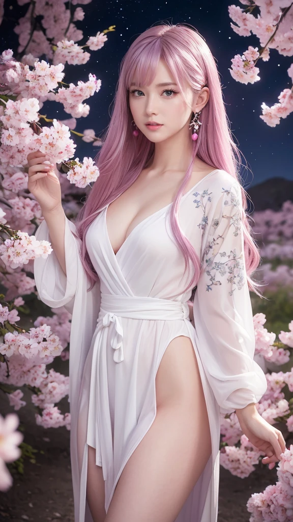Red eyes, (Highest quality, masterpiece painting:1.3), Immature woman, 16 years old, (Half Body Shot), masterpiece, Ultra-high resolution, (Photorealistic:1.0), Light purple hair,Straight hair, Beautiful and shiny hair, White and glowing skin, ((Ultra-Realistic Details)), Octane Rendering, Highly detailed face, (Big Breasts:0.8), (Making a heart with hands),((Translucent white robe), (Robe with pink feathers,layer), White cherry blossom embroidery pattern, Silver Earrings,(Milky Way Galaxy), Hair flutters under the influence of the wind, Beautiful Japanese garden with cherry blossoms at night, Mysterious night sky, Beautiful views, Sharp focus, Intricate details, Professional artwork, (Bright colors:1.1), Bright colors, diffused Lighting, Digital Blending, Ultra high definition body, Super detailed hair, Highly detailed face, that'that'Trending on pixiv, Open the top button, Cute gaze, Compensate, Perfect Lips, perfect Compensate, Ultra-precision coating, (Light_smile:0.8), (Very embarrassed:1.2), Blushing your nose,