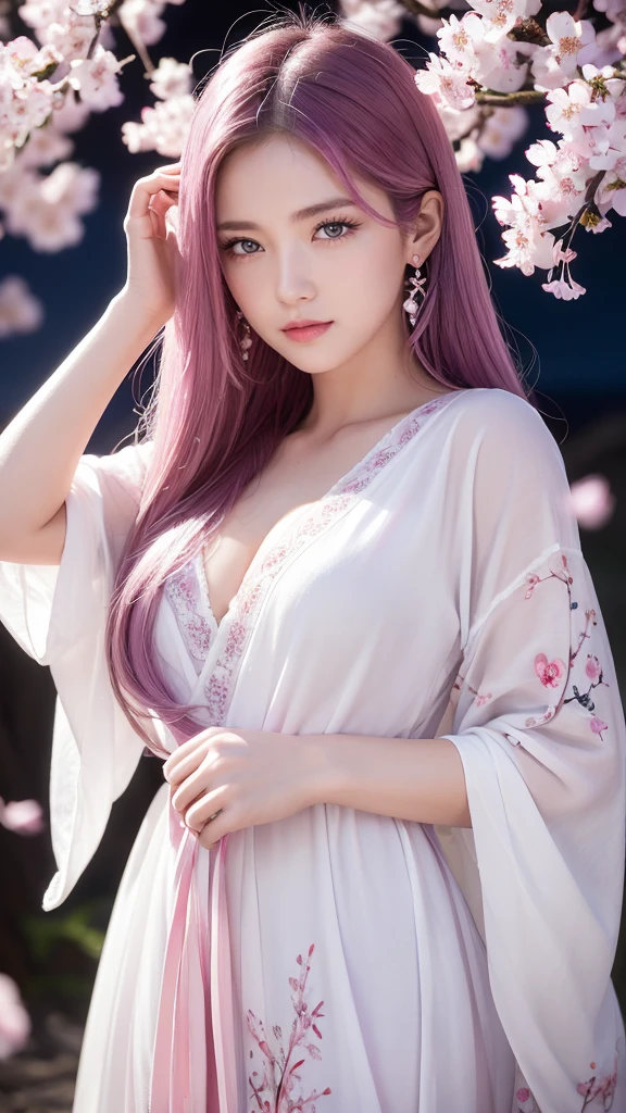 Red eyes, (Highest quality, masterpiece painting:1.3), Immature woman, 16 years old, (Half Body Shot), masterpiece, Ultra-high resolution, (Photorealistic:1.0), Light purple hair,Straight hair, Beautiful and shiny hair, White and glowing skin, ((Ultra-Realistic Details)), Octane Rendering, Highly detailed face, (Big Breasts:0.8), (Making a heart with hands),((Translucent white robe), (Robe with pink feathers,layer), White cherry blossom embroidery pattern, Silver Earrings,(Milky Way Galaxy), Hair flutters under the influence of the wind, Beautiful Japanese garden with cherry blossoms at night, Mysterious night sky, Beautiful views, Sharp focus, Intricate details, Professional artwork, (Bright colors:1.1), Bright colors, diffused Lighting, Digital Blending, Ultra high definition body, Super detailed hair, Highly detailed face, that'that'Trending on pixiv, Open the top button, Cute gaze, Compensate, Perfect Lips, perfect Compensate, Ultra-precision coating, (Light_smile:0.8), (Very embarrassed:1.2), Blushing your nose,
