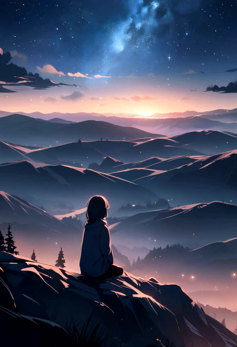 Chill, Landscape, Stars, on the mountain. Girl looking at the sky.