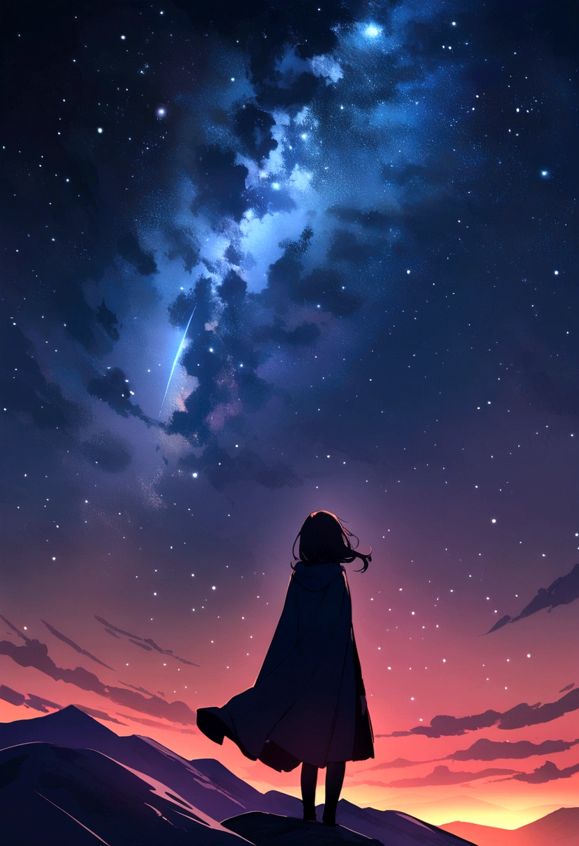 Chill, Landscape, Stars, on the mountain. Girl looking at the sky.