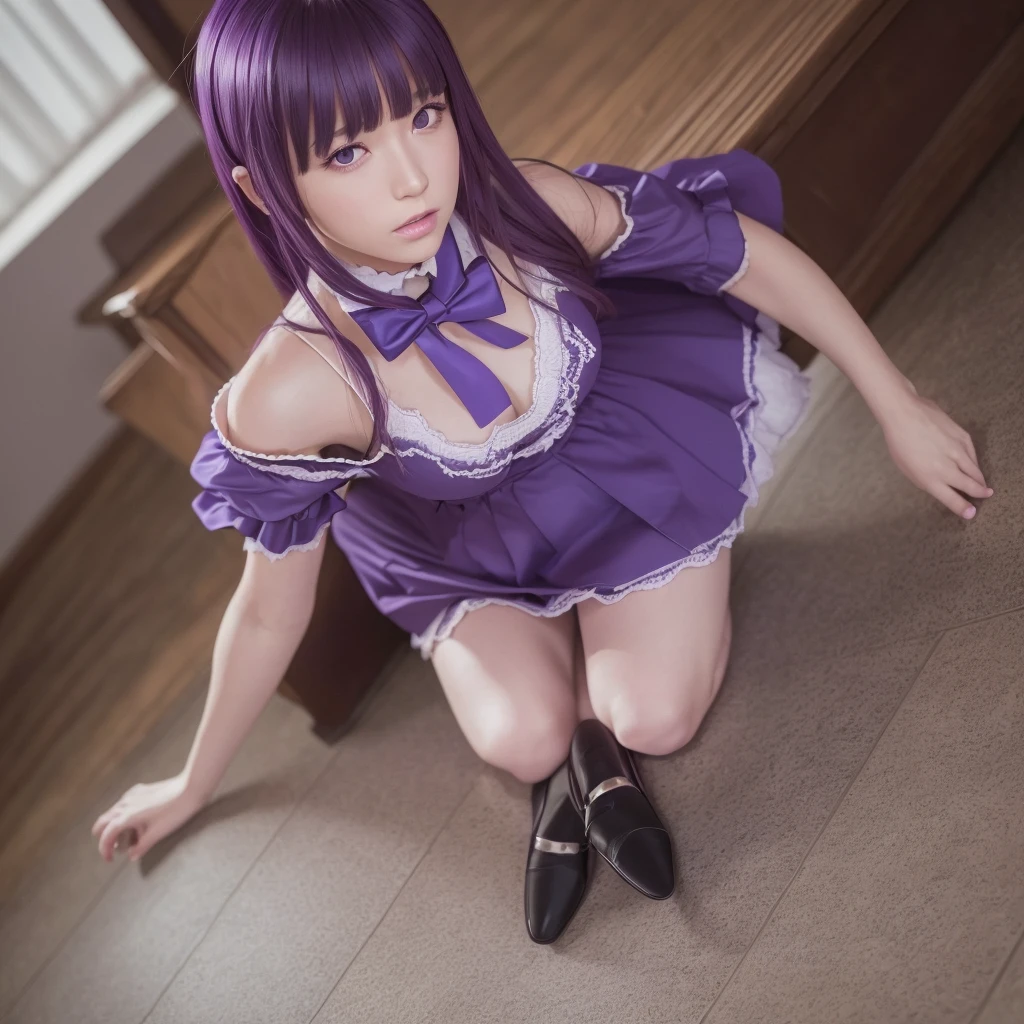 (8k, RAW photo, best quality, masterpiece:1.2), (realistic, photo-realistic:1.4), (extremely detailed 8k wallpaper),美しい顔,1girl,frederica bernkastel, purple hair,dress, bowtie, mary janes,purple eyes