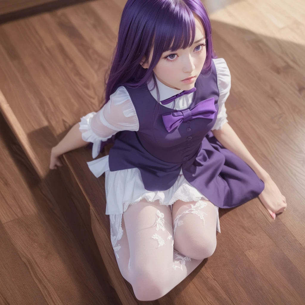 (8k, RAW photo, best quality, masterpiece:1.2), (realistic, photo-realistic:1.4), (extremely detailed 8k wallpaper),美しい顔,1girl,frederica bernkastel, purple hair,dress, bowtie, mary janes,purple eyes