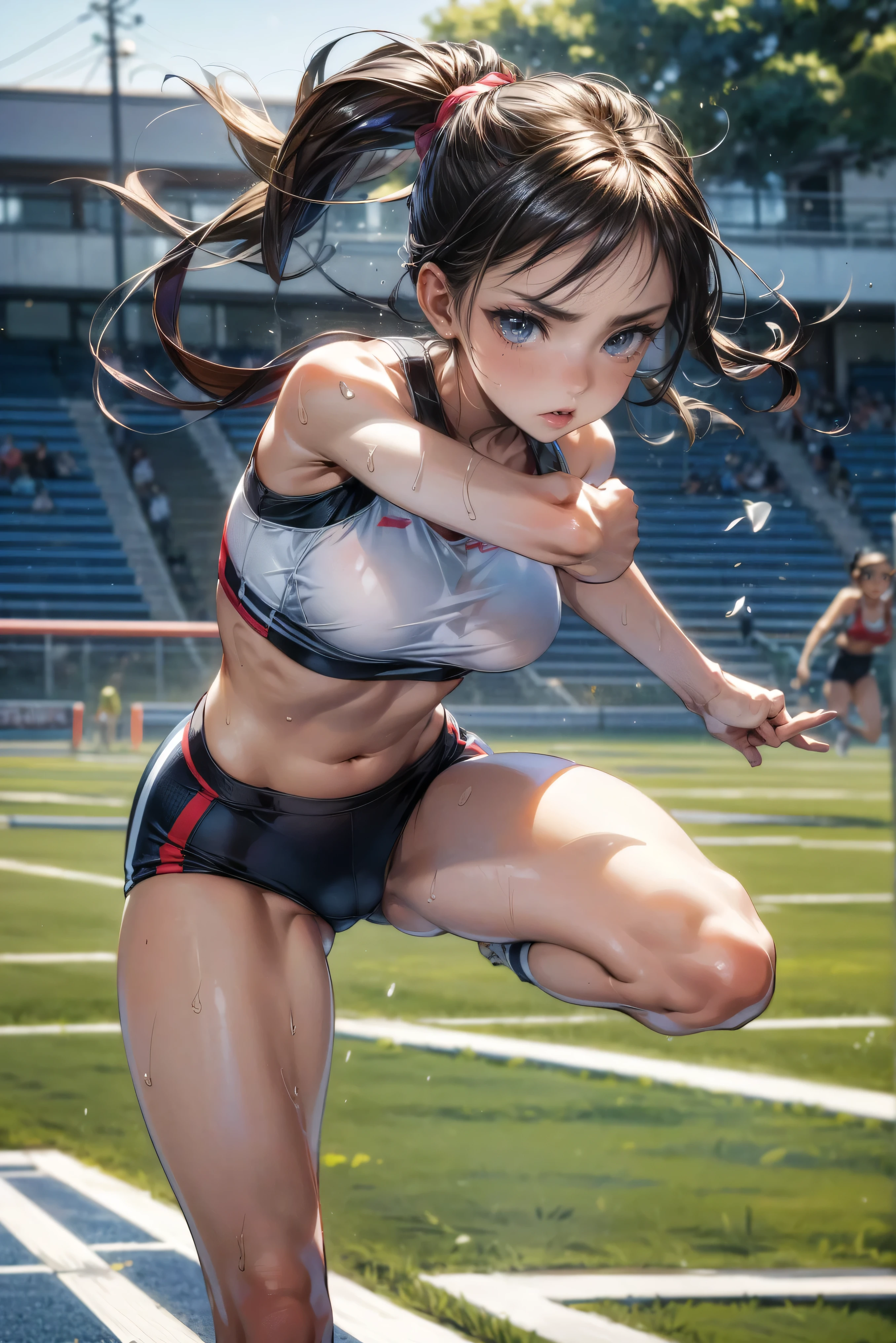 Photo of a 20 year old woman, Perfect Face, masterpiece, good, Sports bra,Racing Bloomers、good, Dynamic Perspective、Run at full speed、Sweat flying、Serious face、Crouching Style、Track and Field、