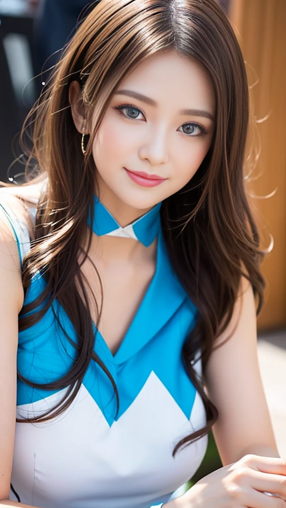 masterpiece, Highest quality, Realistic, Highly detailed CG integrates 8K, 8K,(Very beautiful face, Beautiful Lips, Beautiful Eyes), Exquisitely detailed face,1 Girl, Very beautiful girl,Exquisite eye makeup,Subtle eye detail,The best example of four fingers and one thumb,Toned figure,Nice and beautiful smile,明るいLong Hair,transparent, Quality hair,(masterpiece, Highest quality:1.2),alone,The eyes are exquisite and delicate,Brown Hair、Long Hair、Pink Lips,blue eyes,Big Breasts、Wavy Hair、((Race Queen Cosplay)))、Japanese、25-year-old female