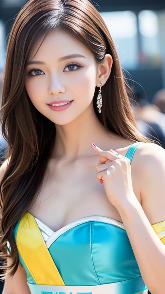 masterpiece, Highest quality, Realistic, Highly detailed CG integrates 8K, 8K,(Very beautiful face, Beautiful Lips, Beautiful Eyes), Exquisitely detailed face,1 Girl, Very beautiful girl,Exquisite eye makeup,Subtle eye detail,The best example of four fingers and one thumb,Toned figure,Nice and beautiful smile,明るいLong Hair,transparent, Quality hair,(masterpiece, Highest quality:1.2),alone,The eyes are exquisite and delicate,Brown Hair、Long Hair、Pink Lips,blue eyes,Big Breasts、Wavy Hair、((Race Queen Cosplay)))、Japanese、25-year-old female