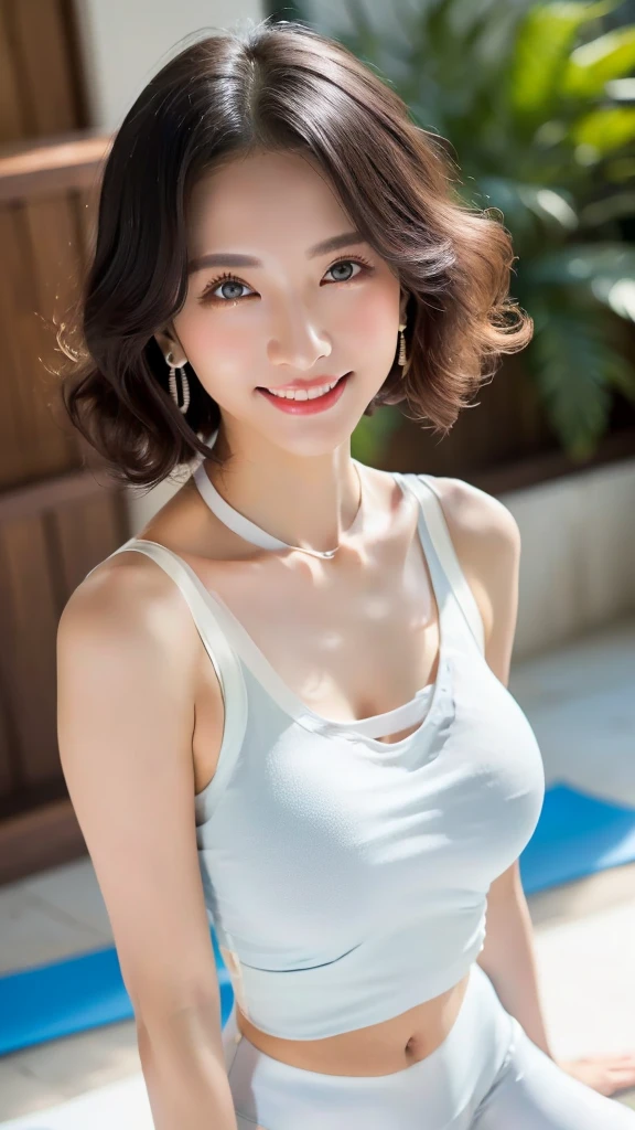 1 girl, national foundation, (hotel background), ((32k, raw, masterpiece: 1.5)), (Professional photography, sharp:1.2), Perfect dynamic composition, (Natural sun light), (soft shadow), (Perfect body:1.4), (((skinny figure))), ((huge round : 1.3)), (((((black long curly hair))))), Ultra-detailed faces and skin, perfect asian, White skin, (Delicate skin:1.4), (latex skin:0.4), (perfect glowing skin:0.6), light brown eyes, beautiful eyes, round eyes, pretty face, blush, glossy lips, glossy eyes, Perfectly proportioned face, Really moist skin, Refined expression, (((huge smile at the camera))), looking at camera, Refined expression, Elegant necklace, Elegant earrings, minimalist, ((((blue tank top and white yoga pant))))