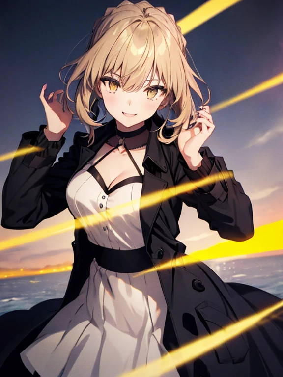 Black Trench Coat, アルトリア・ペンドラゴン_FATE, カーボーイショット, (masterpiece), highest quality, Fearless smile, 1girl, uhd, retina, masterpiece, ccurate, anatomically correct, textured skin, super detail, high details, high quality, best quality, highres, 4K