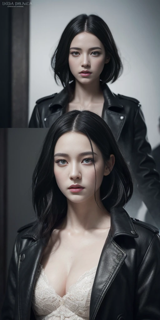 beautiful girl with realistic black eyes, pale skin, mid-length black hair, perfect face, perfect eyes, wearing coat, highly detailed, comprehensive cinematic, digital painting, 8k, cinematic lighting, best quality, highres, detailed work, post-processing, perfect result, hyper realistic