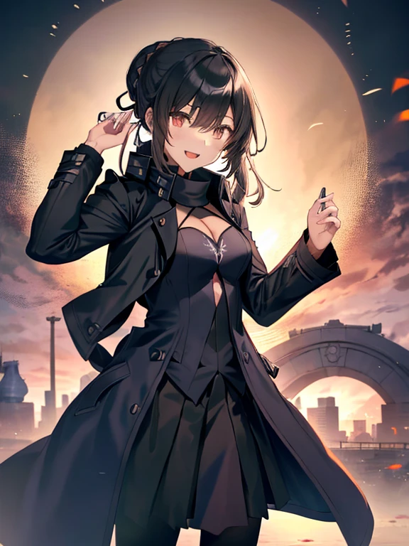Black Trench Coat, アルトリア・ペンドラゴン_FATE, カーボーイショット, (masterpiece), highest quality, Fearless smile, 1girl, uhd, retina, masterpiece, ccurate, anatomically correct, textured skin, super detail, high details, high quality, best quality, highres, 4K