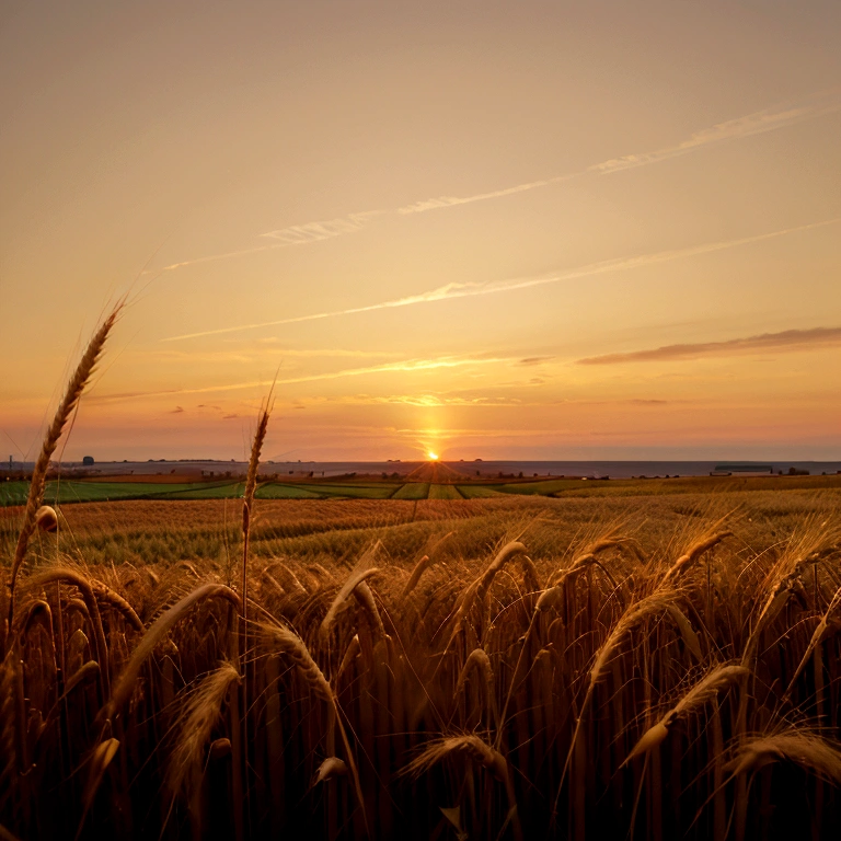 Kilo，Golden wheat field at sunset in autumn，Wheat field horizon and sky in pastel gold tones，Image in 2560X1440 pixel format