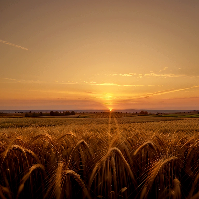 Kilo，Golden wheat field at sunset in autumn，Wheat field horizon and sky in pastel gold tones，Image in 2560X1440 pixel format