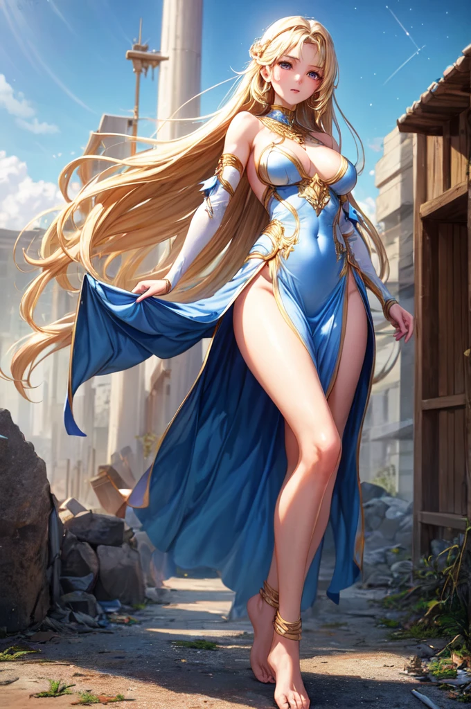 ((best quality)), ((masterpiece)), (detailed), A warrior girl in an apocalyptic world that has become a technocracy. She believes in God and the Stars, she is dressed in a tunic that covers her from shoulders to bare feet. She's humble, the dress Is a bit damaged but really elegant. She looks like a goddess, but She Is deeply human, she is poor but has strong arms and legs and very feminine breasts, like Venus. She comes from Siberia but also has something of the Middle East. Olive skin but long blonde hair. She will save the world