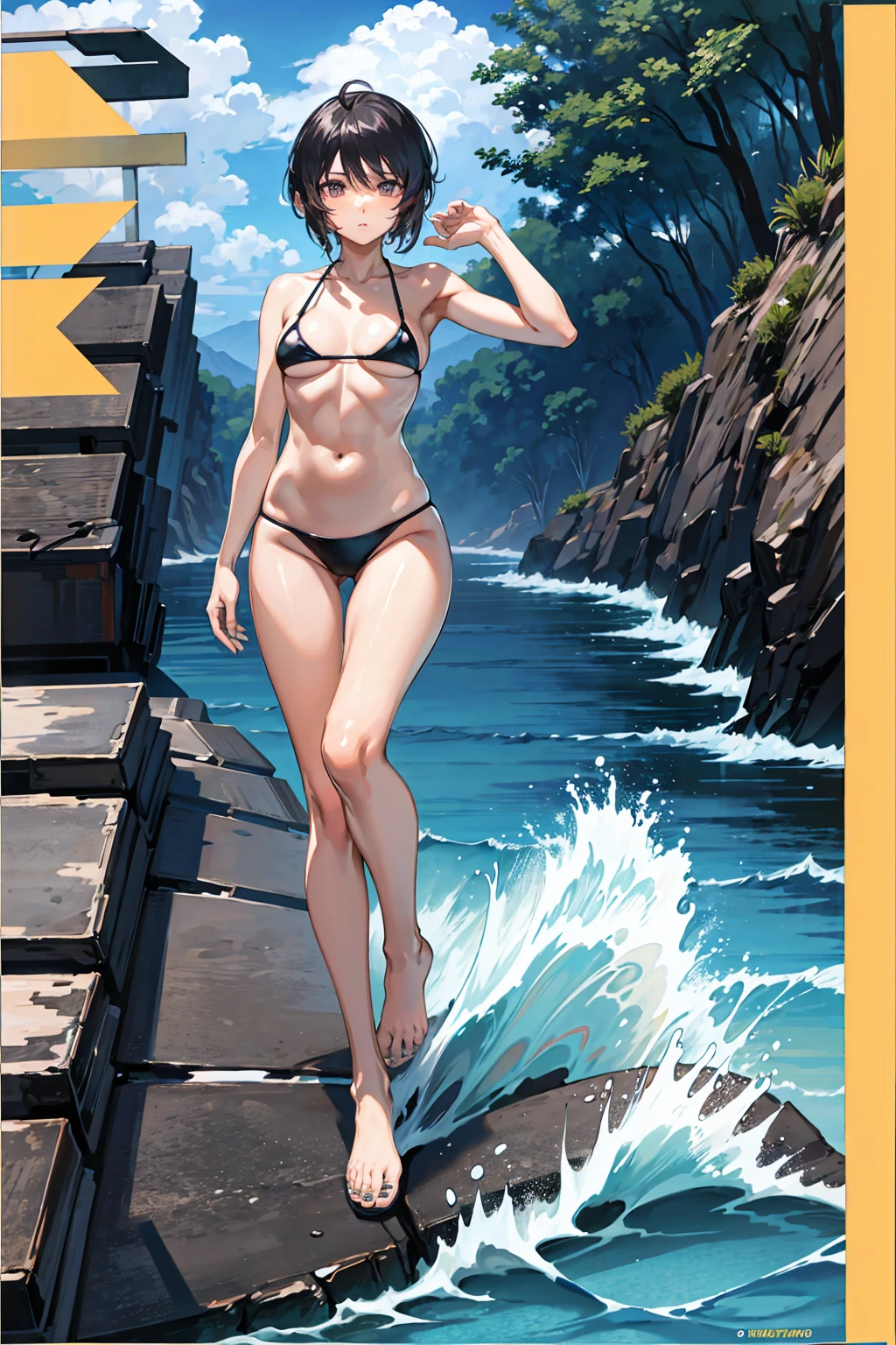 Browsing Caution　masterpiece, Highest quality, High resolution, 1 Girl, , short hair, Ahoge　((Black Bikini))++　Beautiful beach