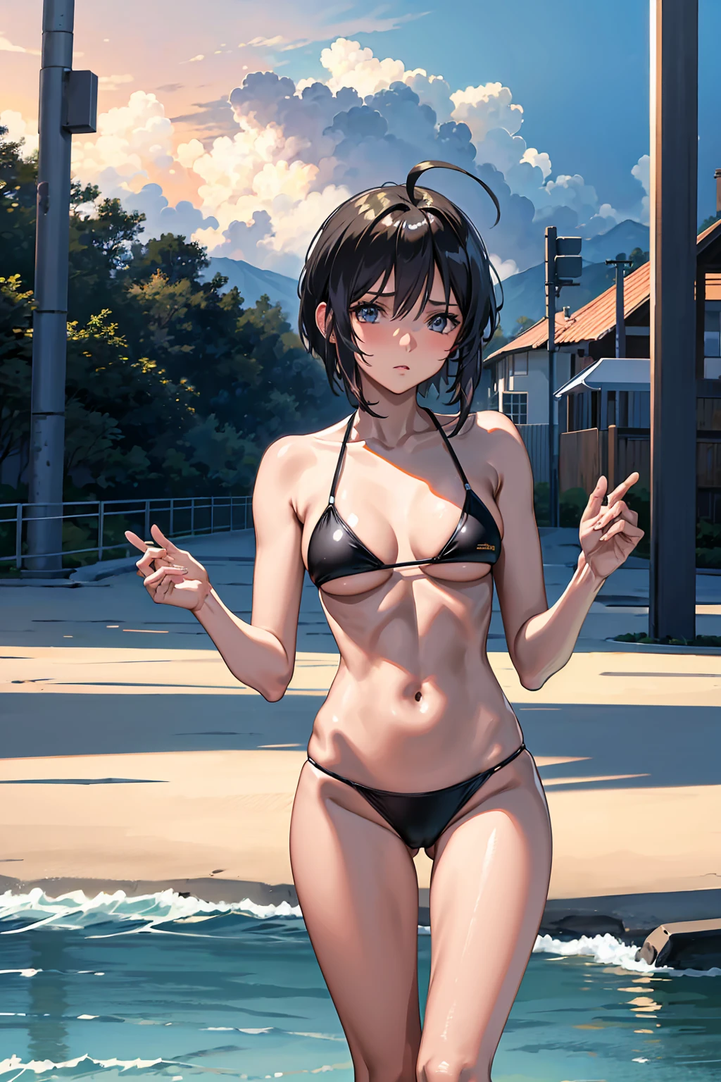 Browsing Caution masterpiece, Highest quality, High resolution, 1 Girl, , short hair, Ahoge ((Black Bikini))++ Beautiful beach