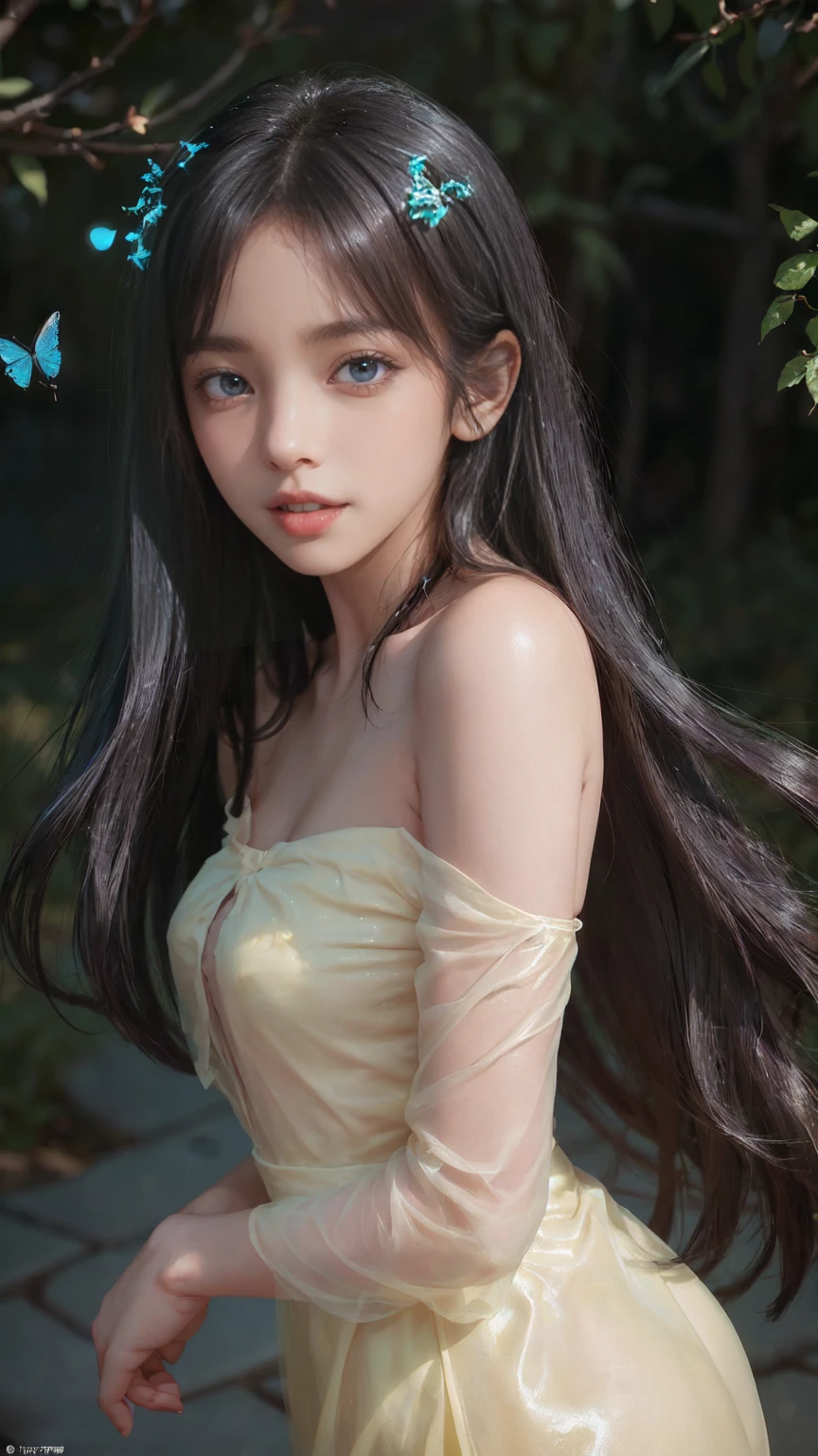 Fluorescent color、1 girl、Look to the side、Beautiful Face、Beautiful Eyes、(Off the shoulder:1.2)、Upper Body、Shiny Hair、Glowing Skin、Reduce glare、The proportions of the fingers have been adjusted、Tenebrosa、Ass Gonzo、Dynamic Angle、((((Master part)))、(((Best Quality)))、((Ultra Detari))、(An illustration)、(Detailed light)、((Very delicate and beautiful))、Dramatic_shade、Lightning strike_tracing、reflection、 Ultra-high resolution、きらめく雪片と周囲の小さなpoint of lightの周りを暗い場所を歩く女性、Your black hair blowing in the wind、 Sparkling butterflies、Looking at the colorful roses)、明るいGreen Eyes、 Black-haired woman、point of light々and sparkling snowflakes、Woman in a dark place filled with sparkling butterflies、 Black-haired woman、女性の周りのpoint of light、Magical Aura、Green Eyes、Supernatural Aura、超Magical AuraBlack-haired woman