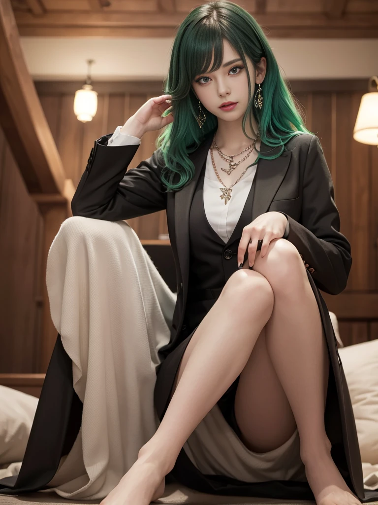 russian girl, fullbody, necklace, jewelry, green hair, red eyeliner, brown eyes, bangs, sexy pose, best quality, masterpiece, wearing suit, an extremely delicate and beautiful, CG, unity, 8k wallpaper, Amazing, finely detail, masterpiece, official art, extremely detailed CG unity 8k wallpaper, incredibly absurdres, huge filesize, ultra-detailed, highres, extremely detailed, beautiful detailed girl, realistic, full frontal, light contrast, completely legs