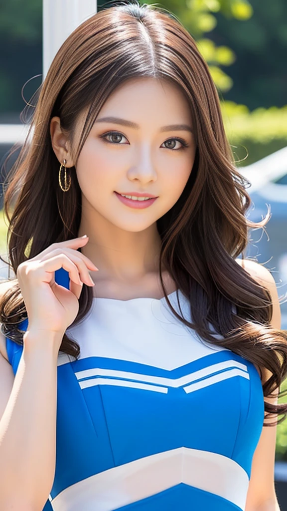 masterpiece, Highest quality, Realistic, Highly detailed CG integrates 8K, 8K,(Very beautiful face, Beautiful Lips, Beautiful Eyes), Exquisitely detailed face,1 Girl, Very beautiful girl,Exquisite eye makeup,Subtle eye detail,The best example of four fingers and one thumb,Toned figure,Nice and beautiful smile,明るいLong Hair,transparent, Quality hair,(masterpiece, Highest quality:1.2),alone,The eyes are exquisite and delicate,Brown Hair、Long Hair、Pink Lips,blue eyes,Big Breasts、Wavy Hair、((Race Queen Cosplay)))、Japanese、25-year-old female