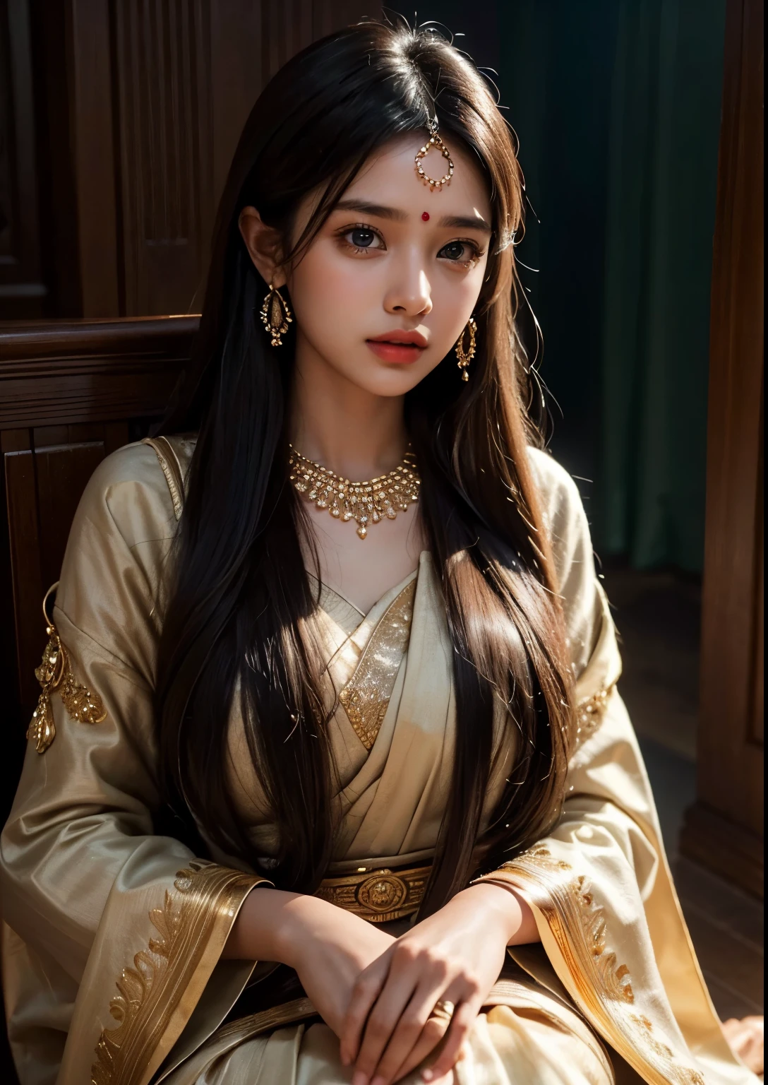 1girl, indian girl, beautiful young indian girl, detailed beautiful face, detailed eyes, detailed lips, beautiful long hair, indian traditional clothing, sari, ornate jewelry, intricate henna patterns, soft lighting, warm color palette, cinematic composition, (best quality,4k,8k,highres,masterpiece:1.2),ultra-detailed,(realistic,photorealistic,photo-realistic:1.37),cinematic lighting,natural lighting,high contrast,vibrant colors,digital painting