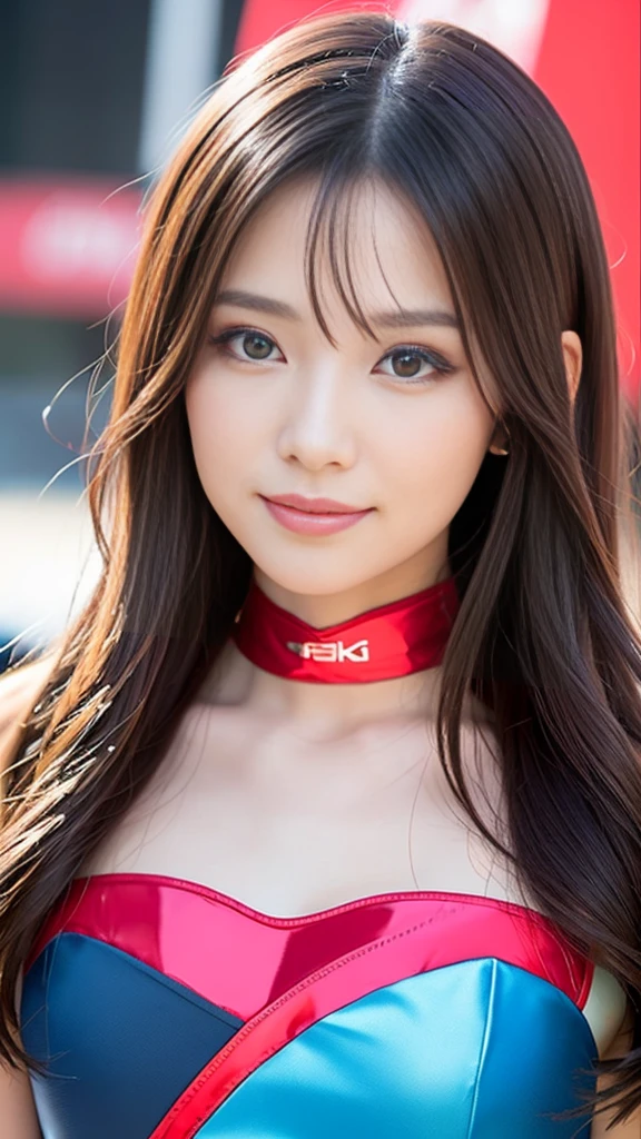 masterpiece, Highest quality, Realistic, Highly detailed CG integrates 8K, 8K,(Very beautiful face, Beautiful Lips, Beautiful Eyes), Exquisitely detailed face,1 Girl, Very beautiful girl,Exquisite eye makeup,Subtle eye detail,The best example of four fingers and one thumb,Toned figure,Nice and beautiful smile,明るいLong Hair,transparent, Quality hair,(masterpiece, Highest quality:1.2),alone,The eyes are exquisite and delicate,Brown Hair、Long Hair、Pink Lips,blue eyes,Big Breasts、Wavy Hair、((Race Queen Cosplay)))、Japanese、25-year-old female