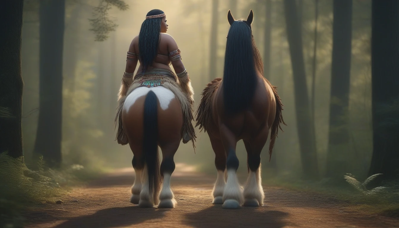 ((masterpiece)), ((best quality)), ((highres)), ((extremely detailed)), ((long shot, back view)), 1 black skinned large BBW girl as Pocahontas costume, full body, Beautiful Native American woman, mature woman, Big breast, (super realistic), (peerless beauty), detailed skin texture, detailed cloth texture, beautiful detailed face, intricate details, ultra detailed, indigenes feather jewelry, feather headdress, traditional handmade dress, (((riding on a huge fat Clydesdale horse))), (((road in the middle of the forest))), ultra realistic, concept art, elegant, ((intricate)), ((highly detailed)), depth of field, ((professionally color graded)), soft ambient lighting, dusk, (Best quality, A high resolution, Photorealistic, primitive, 8K,Masterpiece, ),Best quality, Masterpiec8K.hdr, (vivd colour:1.10)