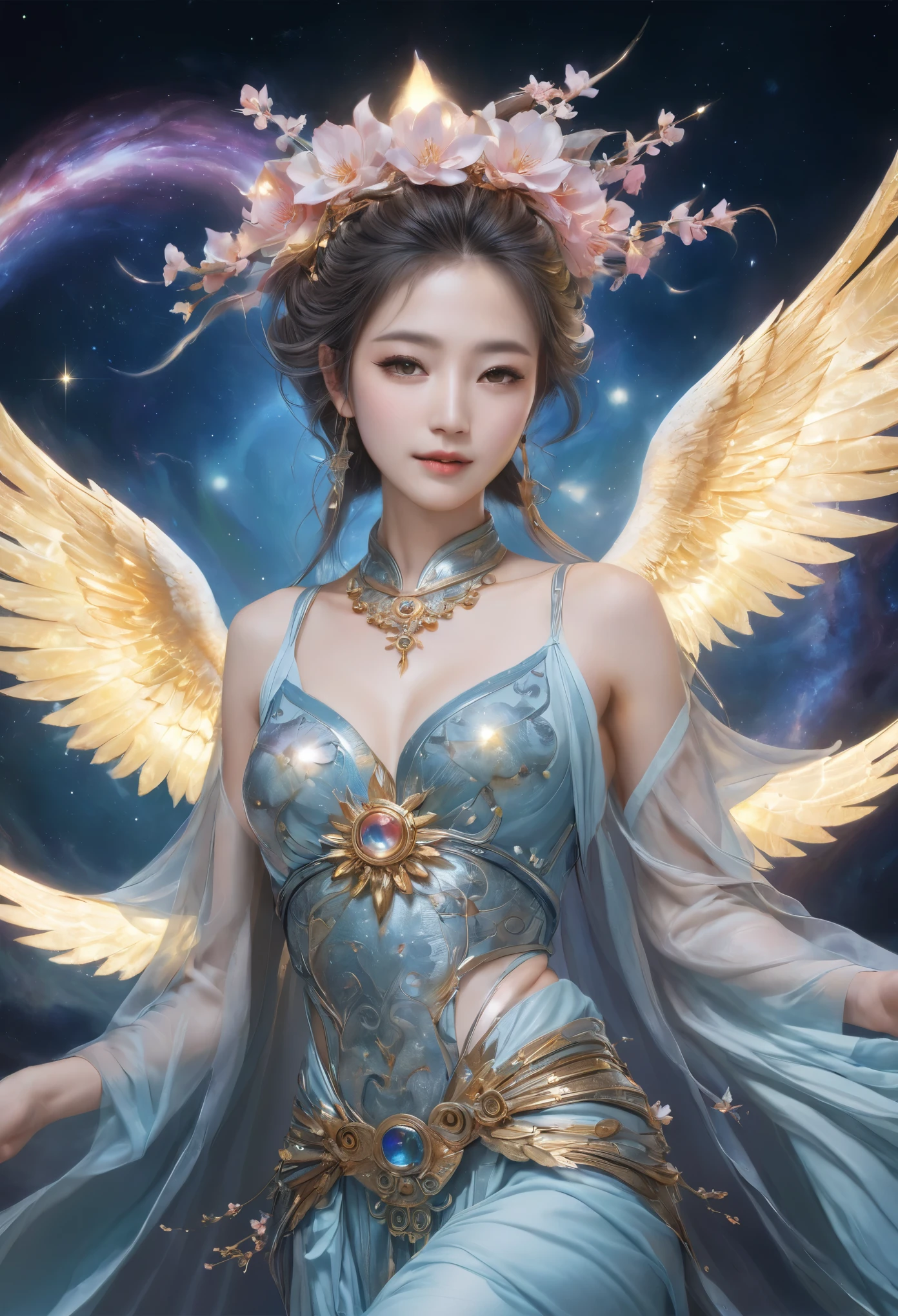 8K resolution, masterpiece, Highest quality, Award-winning works, unrealistic, Final Fantasy, Royal Jewel,Photorealistic Painting by Midjourney and Greg Rutkowski, , elegant, Very detailed, Delicate depiction of hair, Miniature Painting, Digital Painting, Art Station, Concept Art, Smooth, Sharp focus, shape, nature, flight, Thousand Armed Kannon Bodhisattva, Asura, God of War, Castle in the Sky, A strip of light pouring down from the sky, A pillar of light stretching into the sky, Complex colors, Buddhist Mandala, Colorful magic circle, flash, Mysterious Background, aura, A gentle gaze, break, Small faint lights and flying fireflies, night, Starry Sky, milky way, nebula, shooting star, Flowers, birds, wind and moon, erotic, one sexy lady, healthy shaped body, Anatomically accurate skeleton, 22-year-old woman, Asura, height: 170cm, huge firm bouncing busts, Shiny dress, Iridescent dress, bikini dress, Archaic Smile