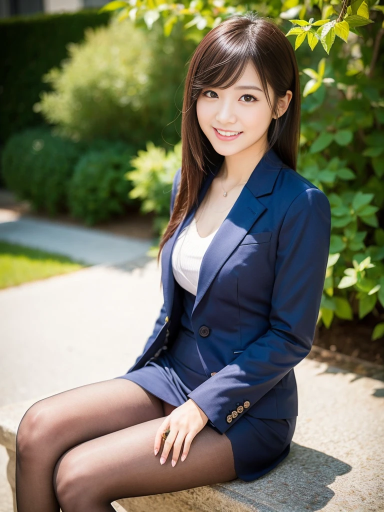 Pure Japanese girl, wearing traditional suits, sitting, pantyhose, formal hair style, formal makeup, sweet smile, professional portrait photography, dazzling summer sunlight,