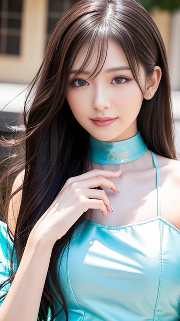 masterpiece, Highest quality, Realistic, Highly detailed CG integrates 8K, 8K,(Very beautiful face, Beautiful Lips, Beautiful Eyes), Exquisitely detailed face,1 Girl, Very beautiful girl,Exquisite eye makeup,Subtle eye detail,The best example of four fingers and one thumb,Toned figure,Nice and beautiful smile,明るいLong Hair,transparent, Quality hair,(masterpiece, Highest quality:1.2),alone,The eyes are exquisite and delicate,Brown Hair、Long Hair、Pink Lips,blue eyes,Big Breasts、Wavy Hair、((Race Queen Cosplay)))、Japanese、25-year-old female