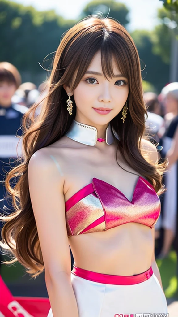 masterpiece, Highest quality, Realistic, Highly detailed CG integrates 8K, 8K,(Very beautiful face, Beautiful Lips, Beautiful Eyes), Exquisitely detailed face,1 Girl, Very beautiful girl,Exquisite eye makeup,Subtle eye detail,The best example of four fingers and one thumb,Toned figure,Nice and beautiful smile,明るいLong Hair,transparent, Quality hair,(masterpiece, Highest quality:1.2),alone,The eyes are exquisite and delicate,Brown Hair、Long Hair、Pink Lips,blue eyes,Big Breasts、Wavy Hair、((Race Queen Cosplay)))、Japanese、25-year-old female