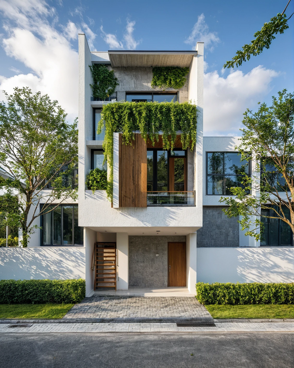 Masterpiece, high quality, best quality, authentic, super detail, outdoors, onestoreyvillaXL, aiaigroup, house style modern on the street ,stairs, white wall ,road,pavement, grass, trees, sky, cloud, (daylight:1.1)