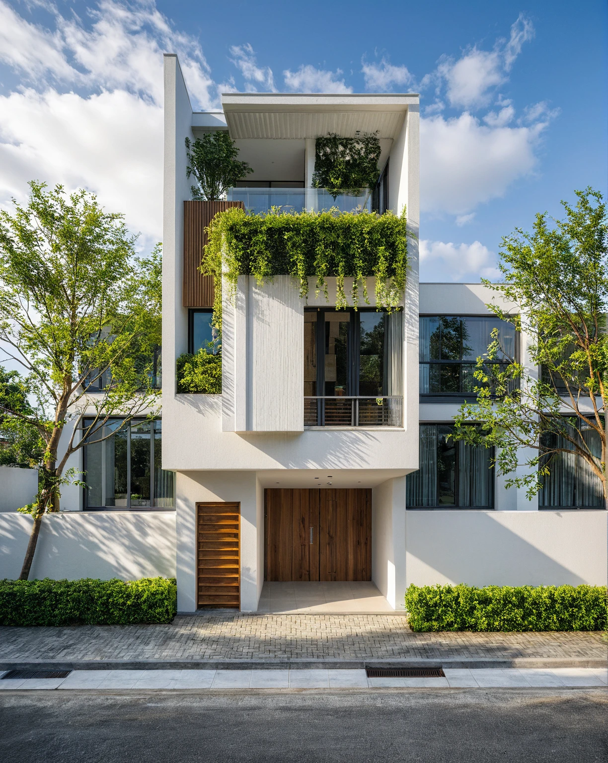 Masterpiece, high quality, best quality, authentic, super detail, outdoors, onestoreyvillaXL, aiaigroup, house style modern on the street ,stairs, white wall ,road,pavement, grass, trees, sky, cloud, (daylight:1.1)
