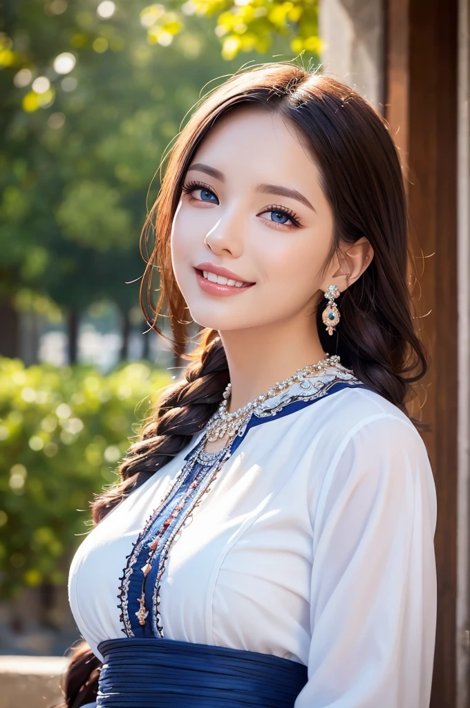 ((masterpiece)), ((best quality)), (ultra-detailed), ((kawaii)), cute, (lovely), ((sexy)), (ero), ((extremely detailed)), (Detailed eye), (detailed facial features), (Detailed fingers), (detailed clothes features),4K, (8K), (beautiful), illustration, dynamic angle, (upper body:1.2), Knossos Palace, evening, autumn, a pretty woman, solo, (wizard dress:1.3), beautiful purple hair, fishtail braid, beautiful blue eyes, ((beautiful eyes)), white teeth, sagging breasts, (hair ornaments:1.2), earrings, bib necklace, smile, lens flare, shiny