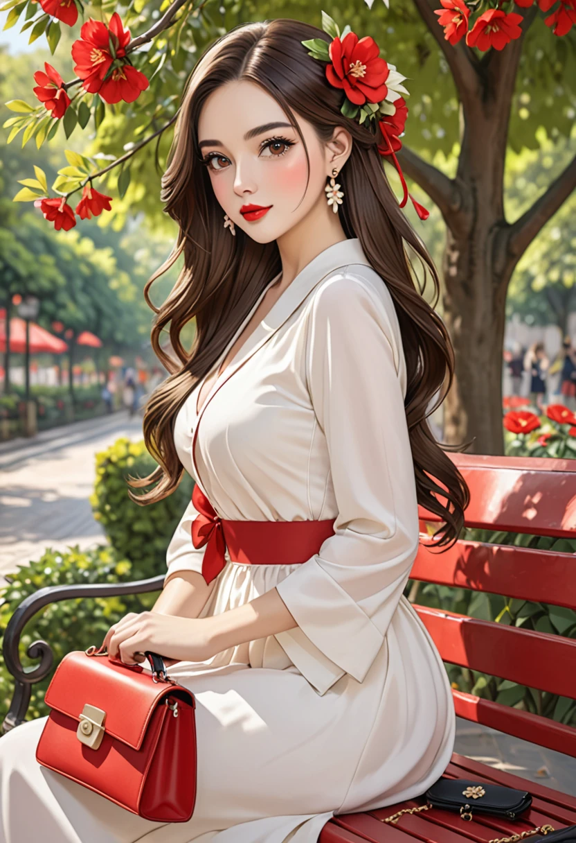 1girl solo long hair breasts looking at viewer brunette headgear dress brown eyes jewelry sitting upper body string flower earrings outdoors hair flower bag tree leaves handbag red lips bench