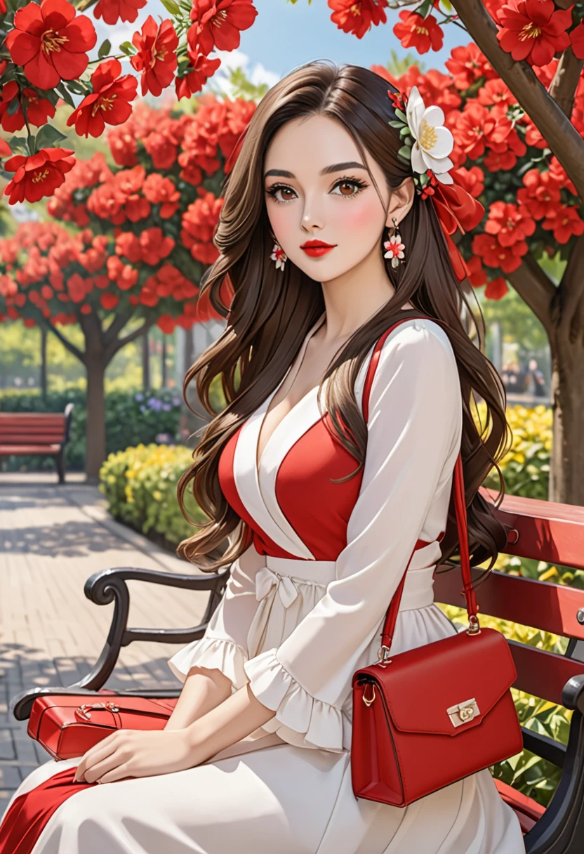 1girl solo long hair breasts looking at viewer brunette headgear dress brown eyes jewelry sitting upper body string flower earrings outdoors hair flower bag tree leaves handbag red lips bench