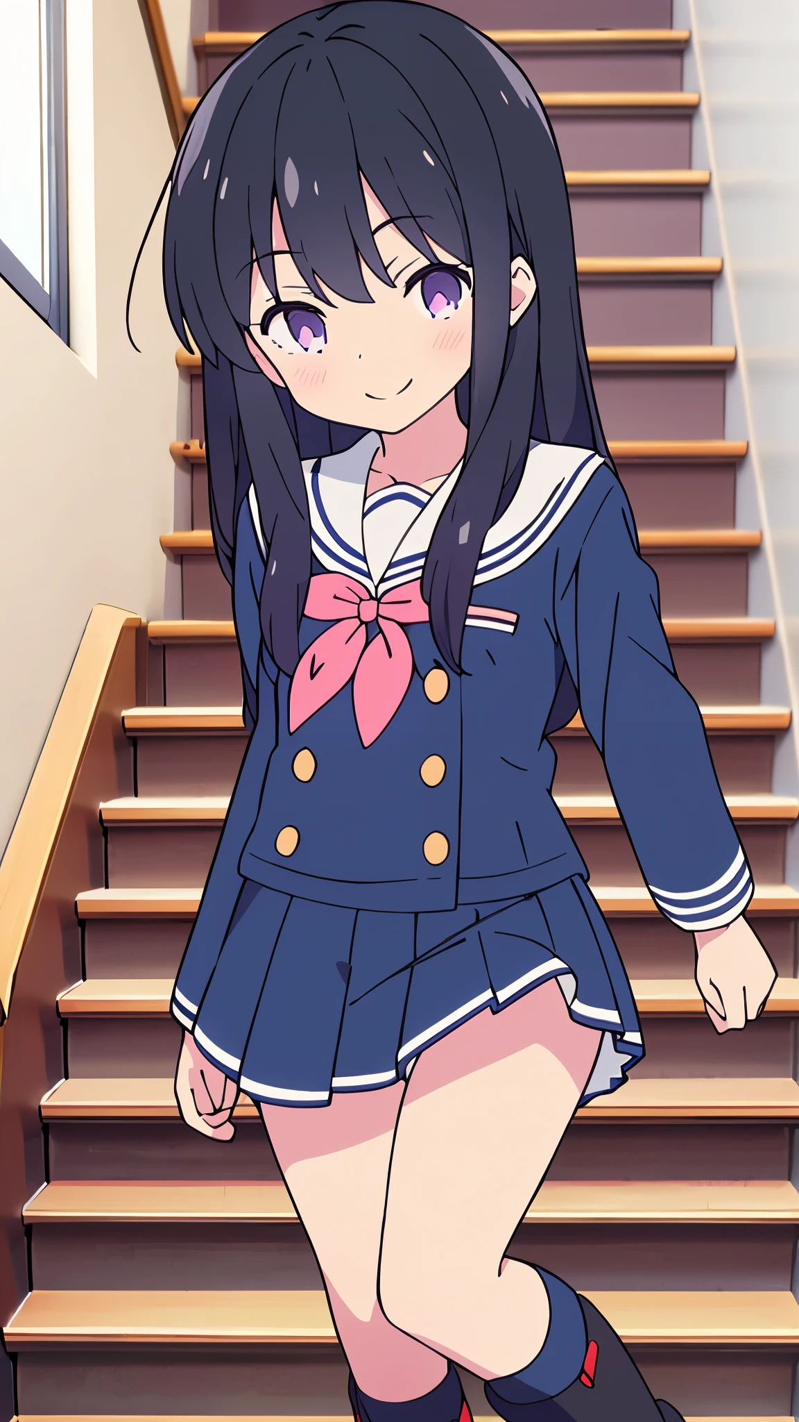 school stairs primary school girl, 8 years flat chest, long black hair with purple tone, purple eyes SMILE White upper body, Navy short-sleeved sailor uniform. Navy blue miniskirt and white panties. ((I can see her panties)) white socks sport boots school stairs Standing Dynamic angle Low angle