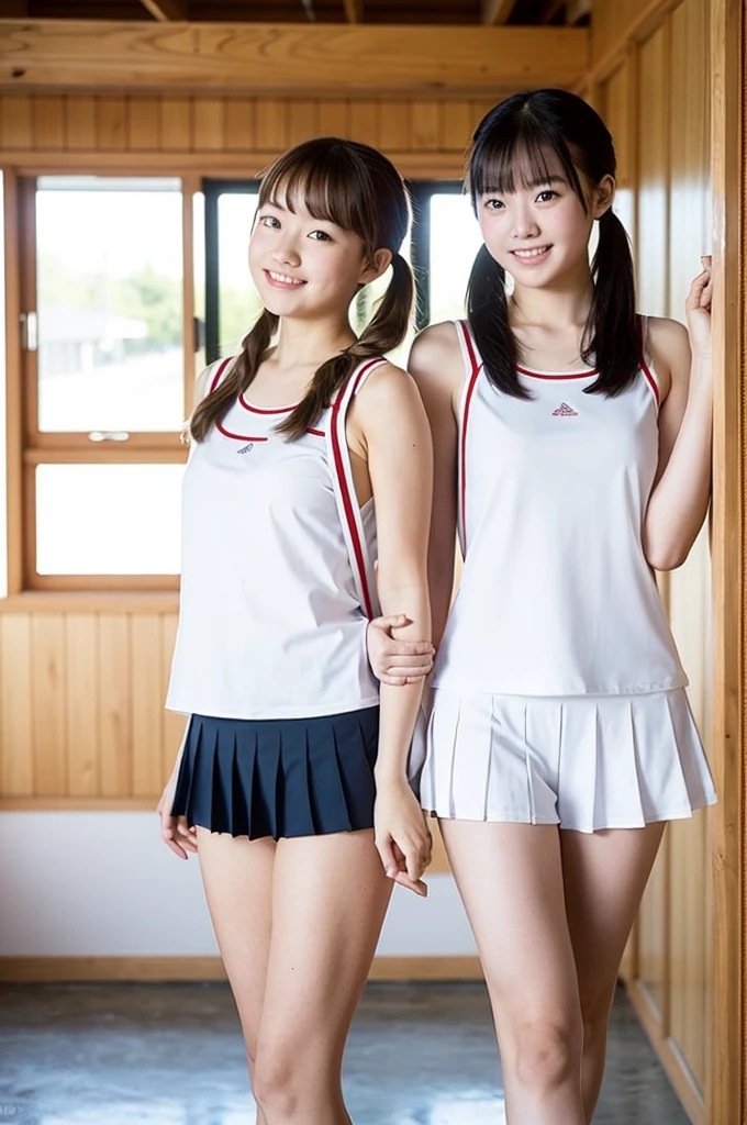 2 girls walking in wooden school classroom,white school swimsuit with camisole white straps and white trim,white leggings,18-year-old,bangs,a little smile,thighs,knees,short hair with low pigtails,from beside,front light