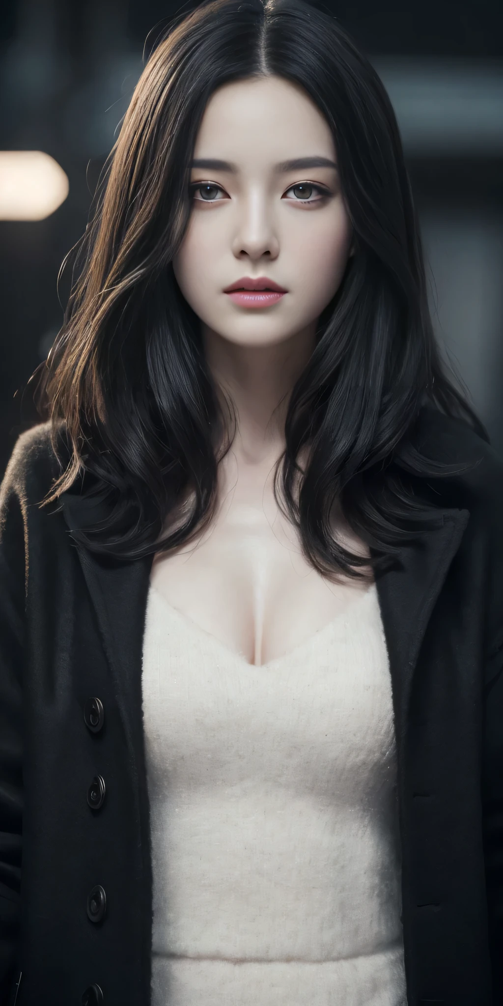 beautiful girl with realistic black eyes, pale skin, mid-length black hair, perfect face, perfect eyes, wearing coat, highly detailed, comprehensive cinematic, digital painting, 8k, cinematic lighting, best quality, highres, detailed work, post-processing, perfect result, hyper realistic