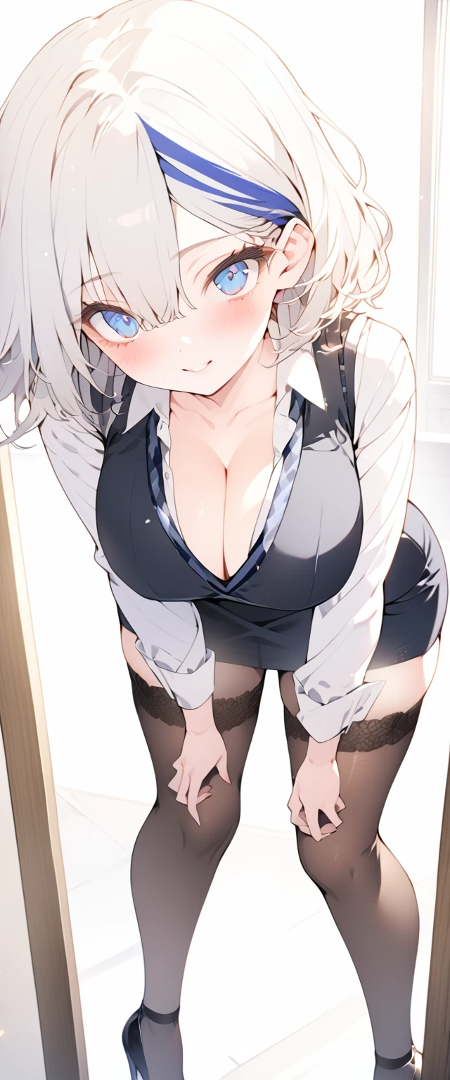 beautiful, masterpiece, Highest quality, anime, One girl, C Cup,Portrait Shot, View your viewers, Covered、Medium Hair、nearby、Blue Eyes、art、、White hair,Blue streaked hair、Beauty、officeレディ、Big Breasts、short hair、チェック柄のダークブルーのofficeスーツ)、new employee、Full Body Shot、Female office lady、break(Dark blue checked vest、White dress shirt、Navy mini tight pencil skirt:1.2)、(Black knee-highs、Absolute area、High heels)、break(office:1.3)、Cleavage、The skirt is torn、Standing posture、office、brown_tights